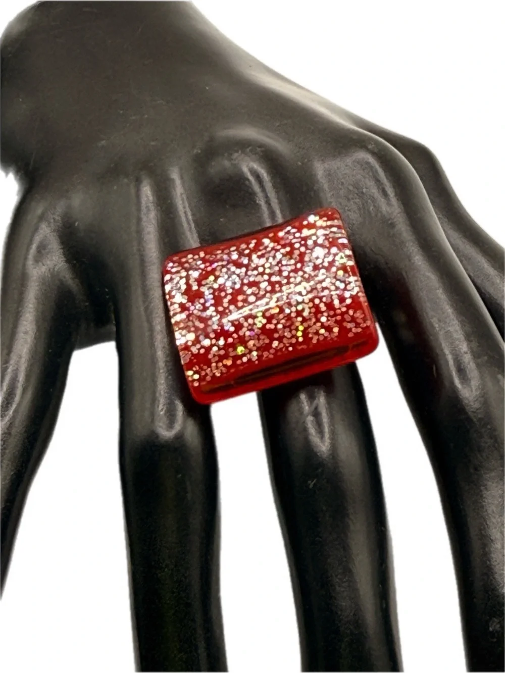 Red Glitter Square Acrylic Statement Ring Adjustable